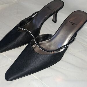 Impo Black Satin Women's Heels W Diamond Strap Size 7 1/2